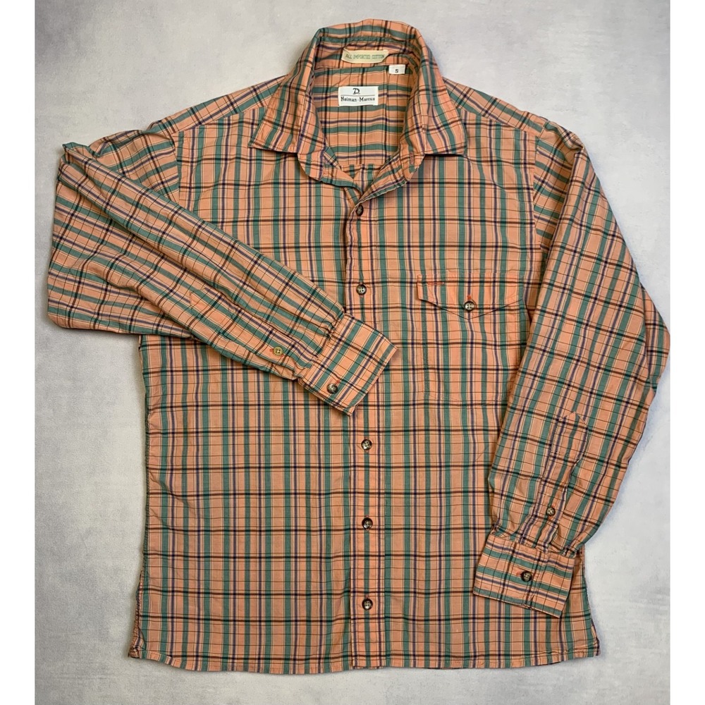 Neiman Marcus Shirt Womens Small Plaid Button Up Orange Blue Cotton